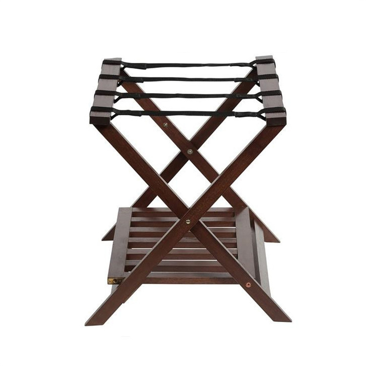 Dark Brown Wood Foldable Luggage Rack with Shelf Wood Suitcase Stand Luggage Holder with Lower Shoe Rack