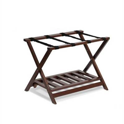 Dark Brown Wood Foldable Luggage Rack with Shelf Wood Suitcase Stand Luggage Holder with Lower Shoe Rack