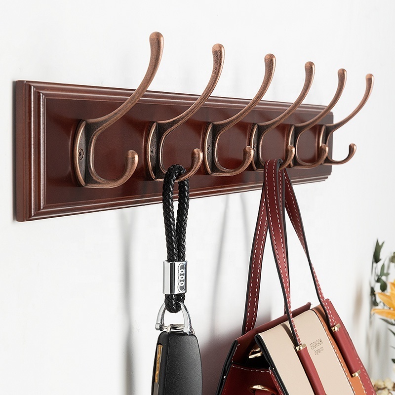 Brown Hook Rack Wall Mounted Coat Rack for Entryway Bathroom Closet Room with 4 Tri-Hooks for Clothes