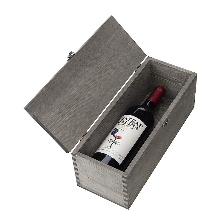 Gray Wood Wine Bottle Holder Decorative Wooden Gift Box Engraved Wine Bottle with Antique Brass Handle and Latch