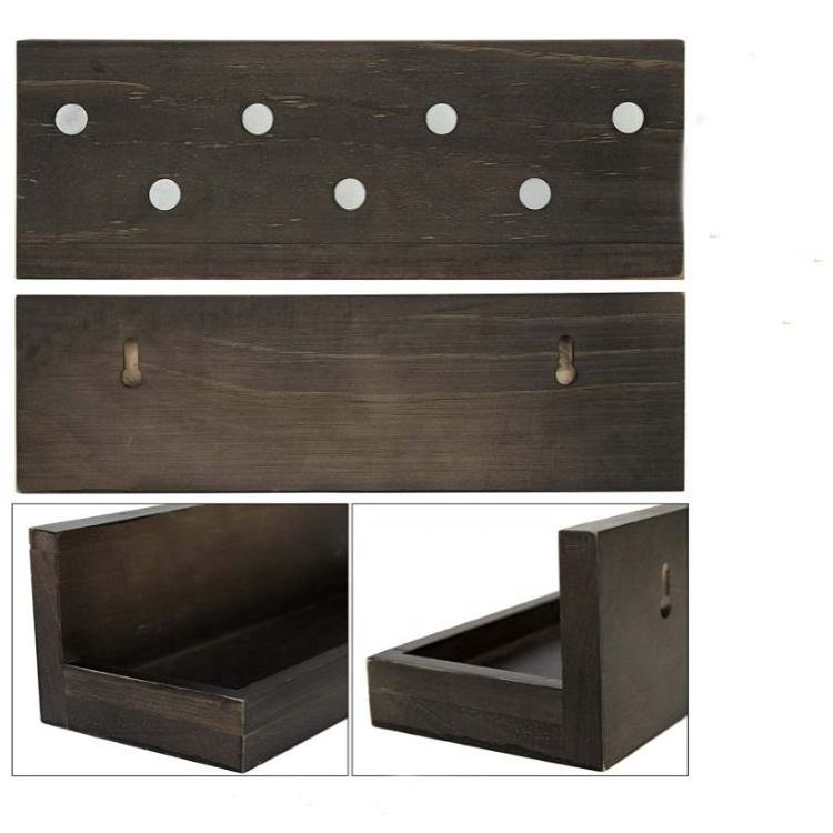 Rustic Wood Wall Mounted Entryway Shelf with 4 Antique Metal Hooks