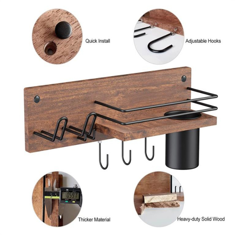 Farmhouse Wooden Beauty Hair Appliance Holder Bathroom Wall Mount Wood Hair Dryer Holder Tools Organizer