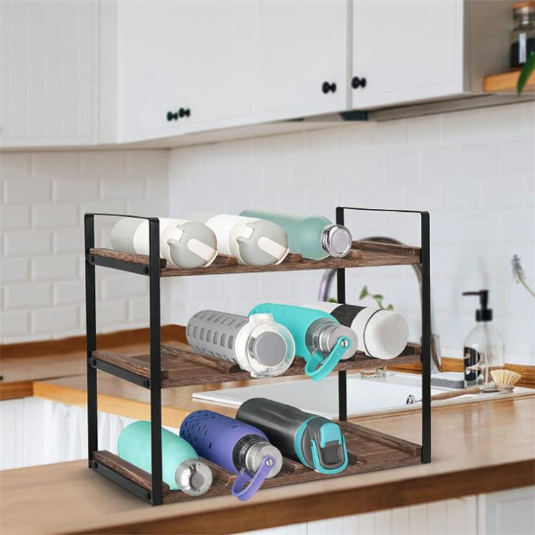 Kitchen Countertop Cup and Wine Bottle Holder Shelf Organizer 3 tier Wood Bottle Storage Stand  Freestanding Water Bottle Rack