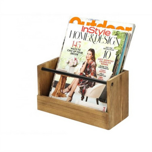 Wall Mounted Magazine Newspaper Holder Display Organizer Burnt Wood Magazine Rack with Metal Pipe