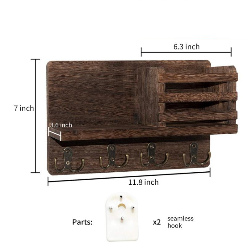 Wooden Mail Sorter Organizer with 4 Key Hooks Wall Mounted Entryway Wood Mail Organizer Holder