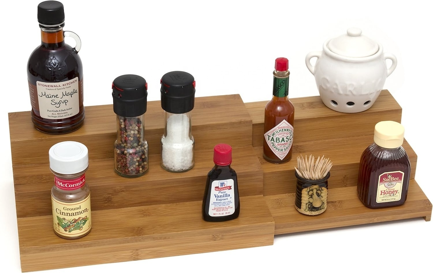 3 Tier Expandable Bamboo Step Spice Countertop Display Shelf for Kitchen Cabinet and Organizer