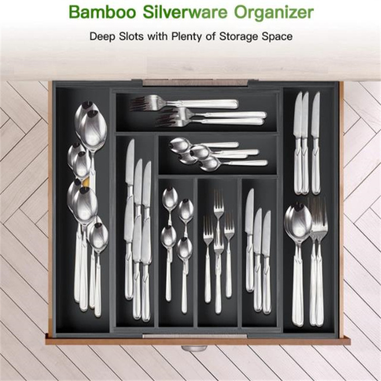 Black Bamboo Expandable Drawer Organizer for Utensils Holder Adjustable Cutlery Tray Wood Drawer Dividers Organizer