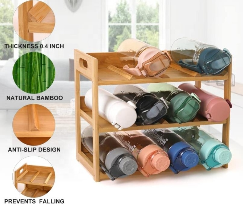 12 Water Cup Stand Storage Holder Freestanding Bamboo Water Bottle Organizer Rack for Kitchen Cabinet