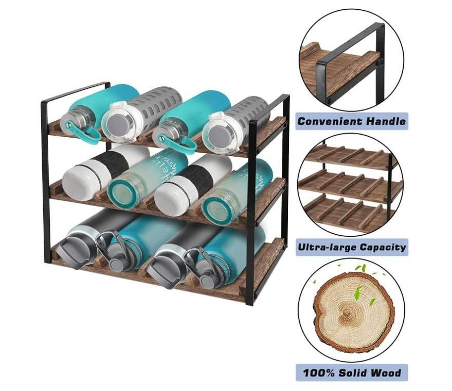 Kitchen Countertop Cup and Wine Bottle Holder Shelf Organizer 3 tier Wood Bottle Storage Stand  Freestanding Water Bottle Rack