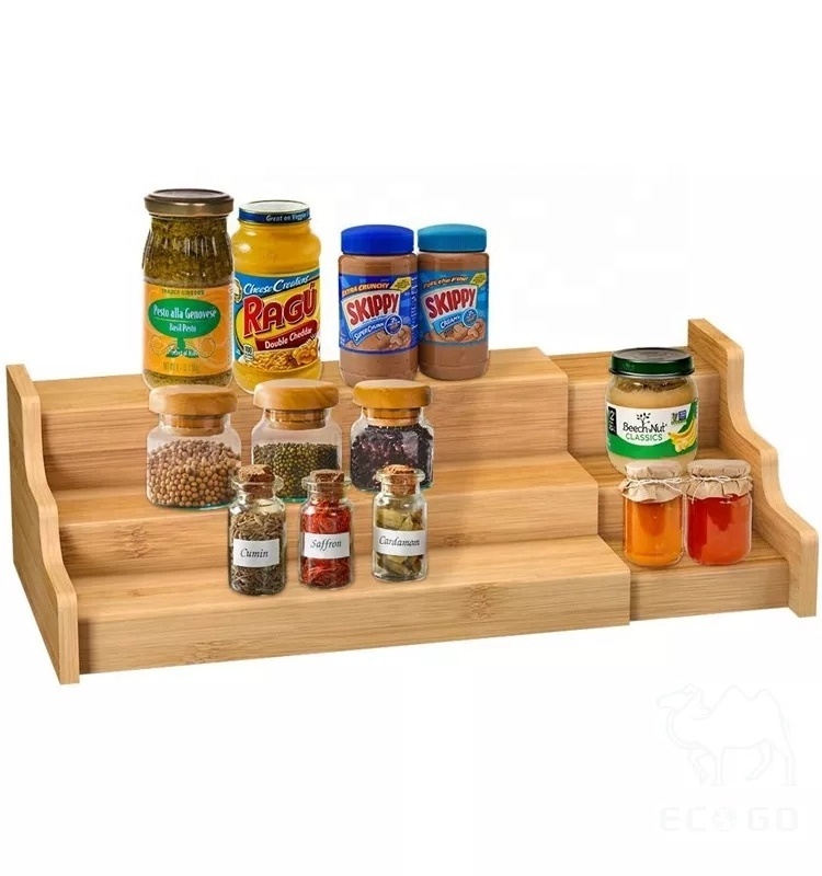 3 Tier Expandable Bamboo Step Spice Countertop Display Shelf for Kitchen Cabinet and Organizer