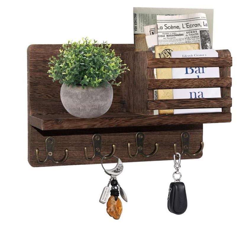 Wooden Mail Sorter Organizer with 4 Key Hooks Wall Mounted Entryway Wood Mail Organizer Holder