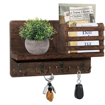 Wooden Mail Sorter Organizer with 4 Key Hooks Wall Mounted Entryway Wood Mail Organizer Holder