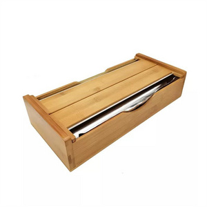 Kitchen Drawer Wooden tin foil Paper Organizer Bamboo Plastic Wrapped Film Dispenser with Cutter