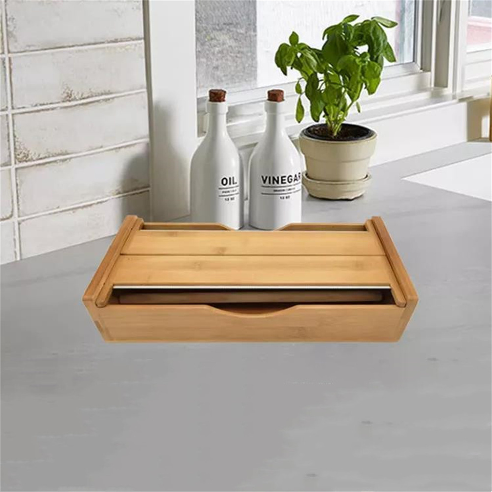 Kitchen Drawer Wooden tin foil Paper Organizer Bamboo Plastic Wrapped Film Dispenser with Cutter