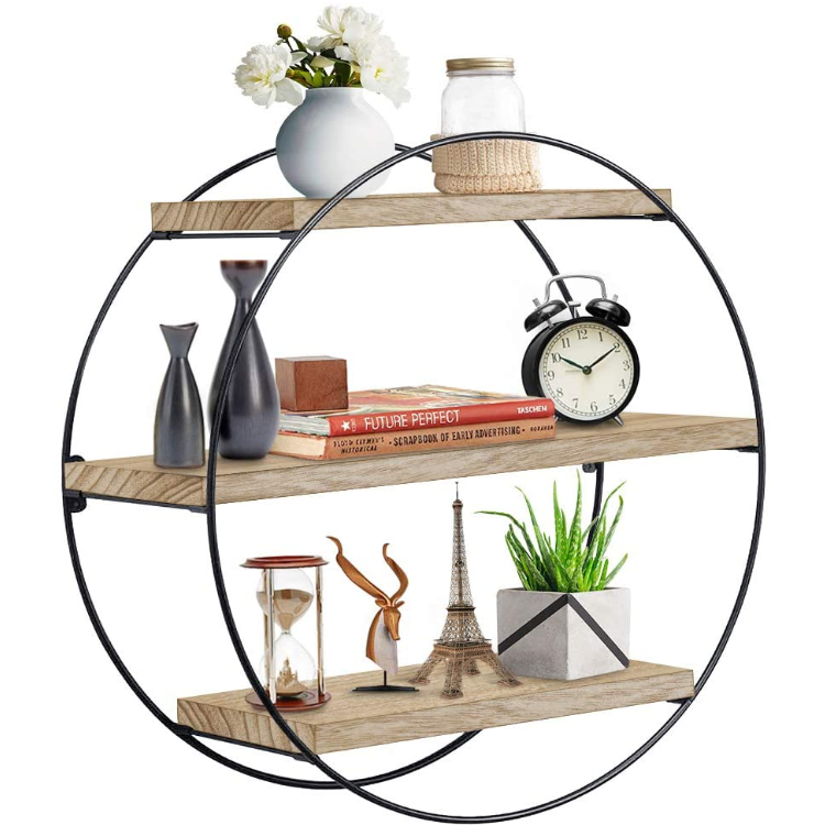 Floating Shelves 3 Tier Decorative Circle Metal and Wood Wall Shelves Bathroom Shelf Round Wall Decor