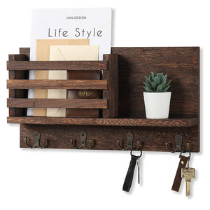 Custom Wall Mounted Mail Holder Wooden Mail Sorter Organizer with 4 Double Key Hooks Torched Floating Shelf Rustic Home Decor