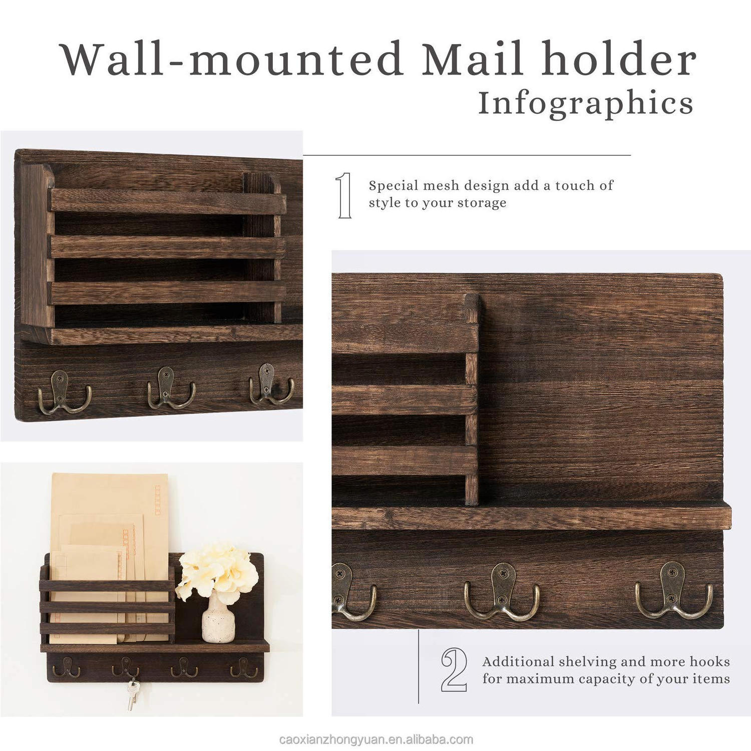 Wall Mounted Letter Shelf Wooden Key Chain Holder Mail Storage Box with Key Hooks Floating Shelf Country Home Entryway