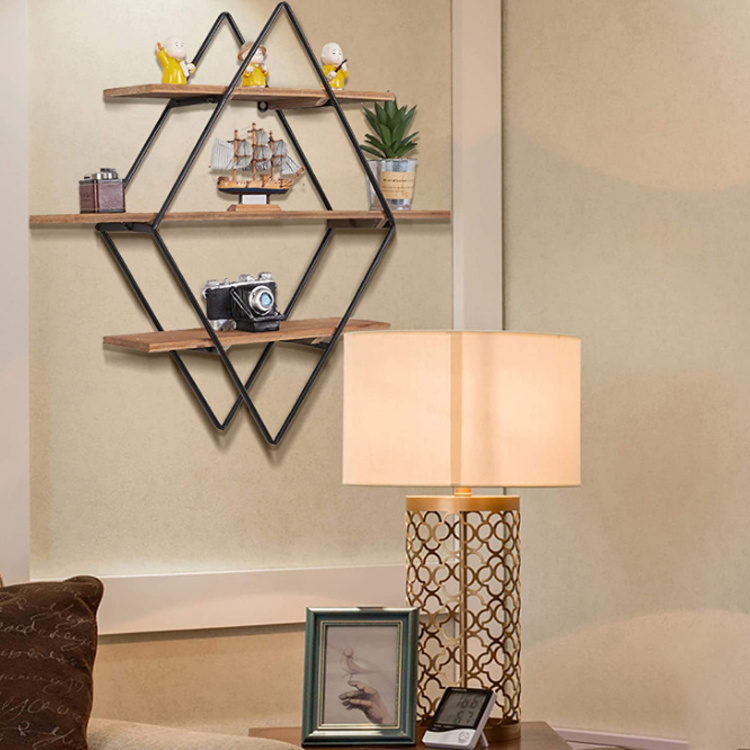 Wall Shelf Unit with rhombus Metal Frame Wall-Mounted Wooden Shelves with Modern Design