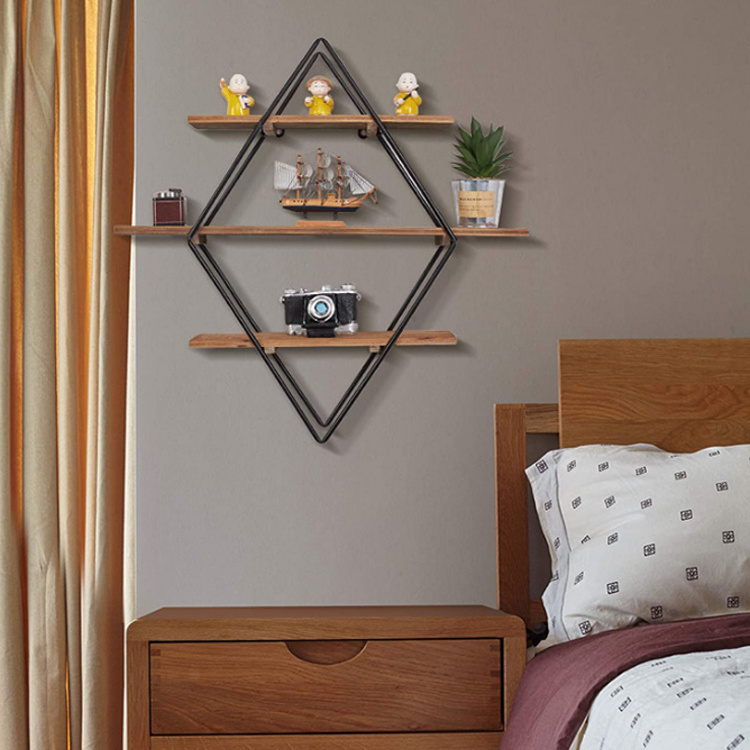 Wall Shelf Unit with rhombus Metal Frame Wall-Mounted Wooden Shelves with Modern Design