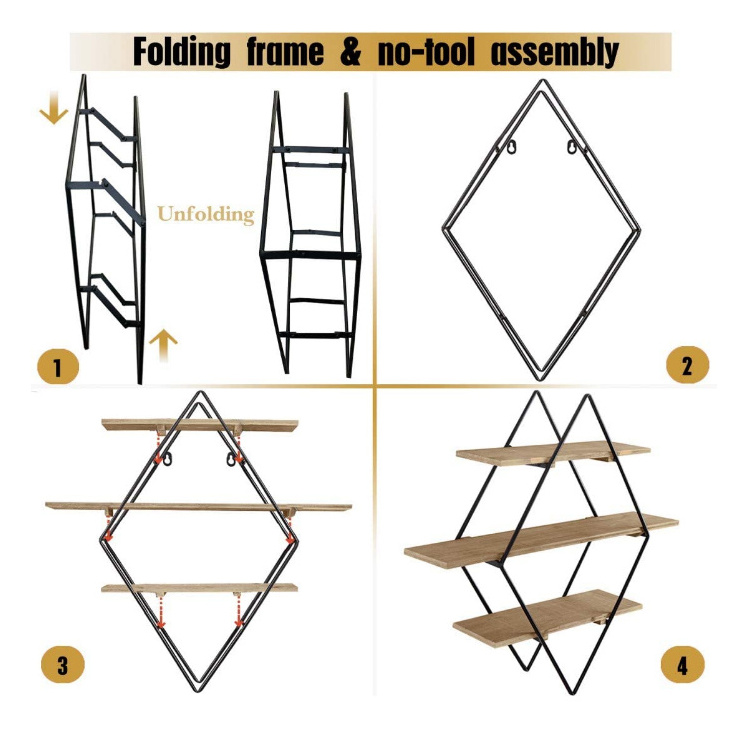 Wall Shelf Unit with rhombus Metal Frame Wall-Mounted Wooden Shelves with Modern Design