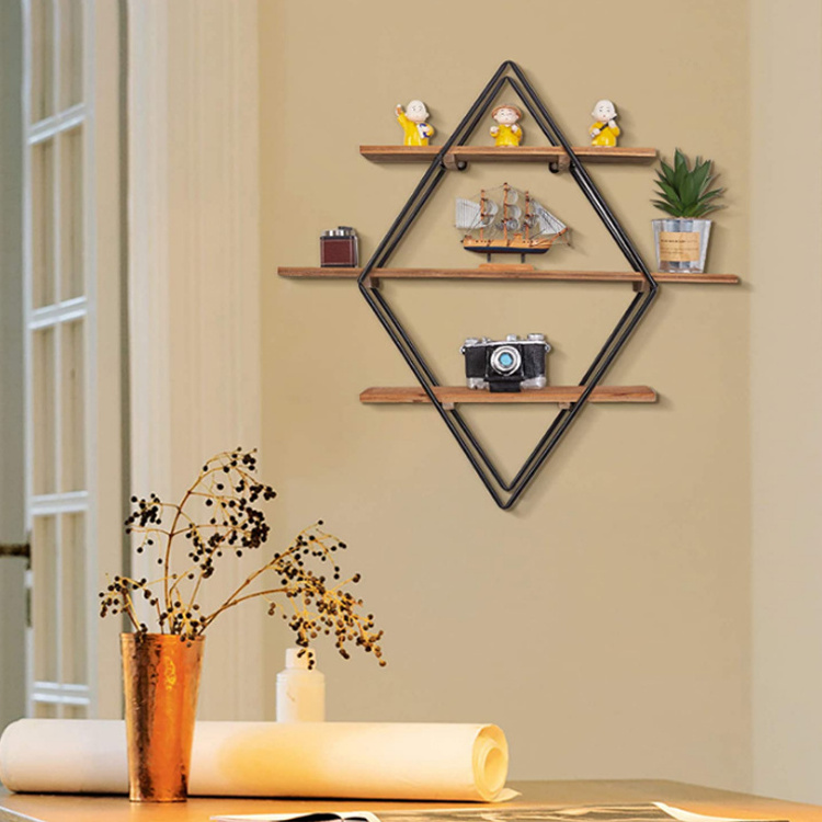 Wall Shelf Unit with rhombus Metal Frame Wall-Mounted Wooden Shelves with Modern Design