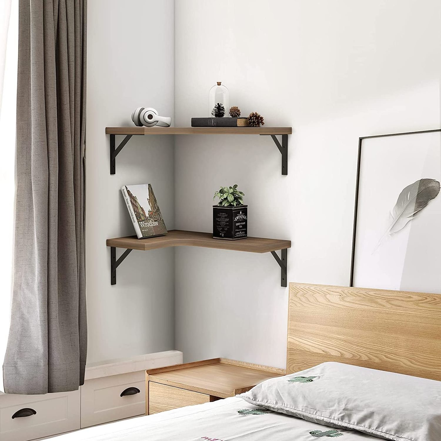 Corner Floating Shelves wood for Wall Mounted Rustic Wood Wall Storage Shelves for Bedroom Living Room Bathroom Kitchen