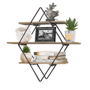 Wall Shelf Unit with rhombus Metal Frame Wall-Mounted Wooden Shelves with Modern Design