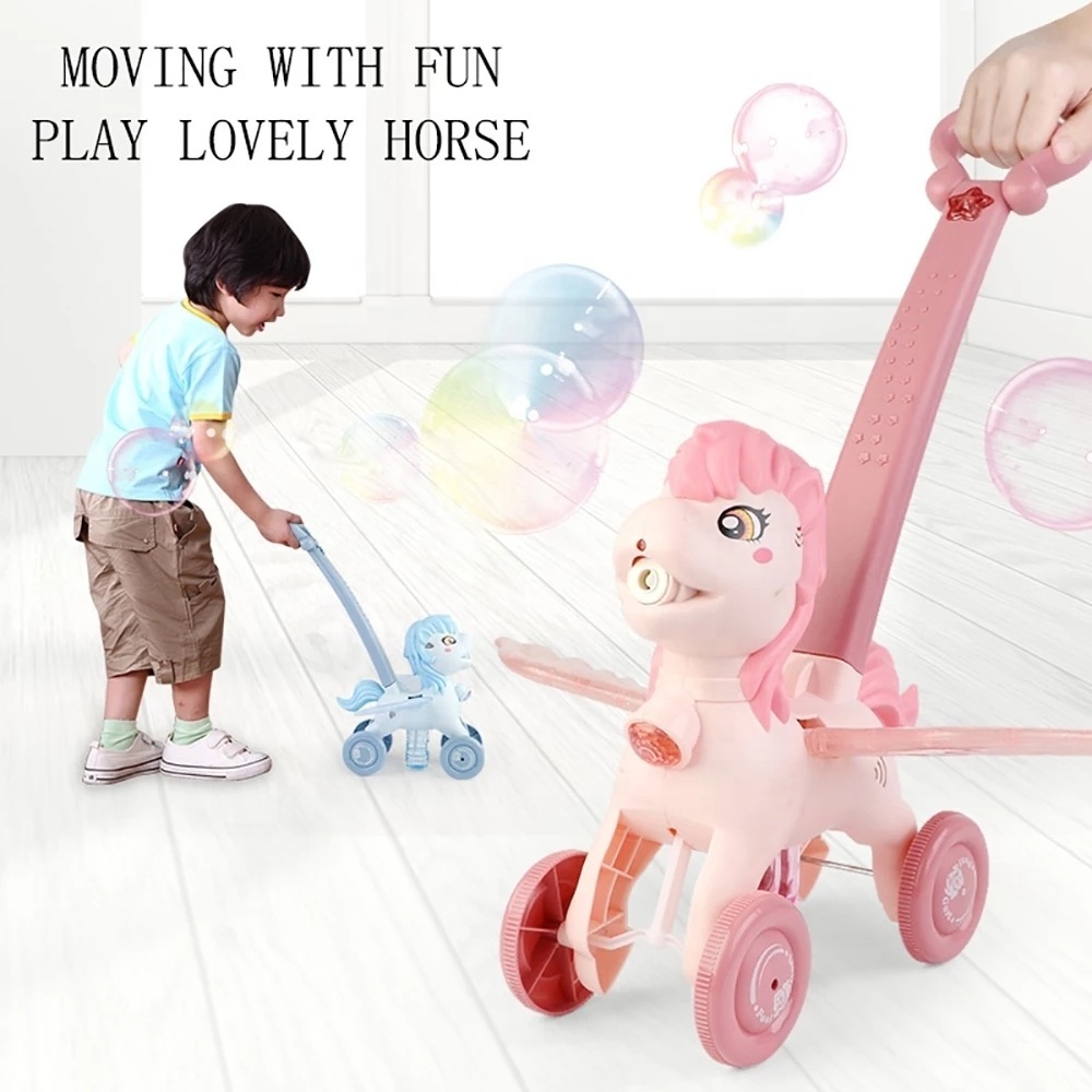 Summer toys new style handle electric bubble machine colt trolley toy outdoor kid stroller cart bubble toy with light and music