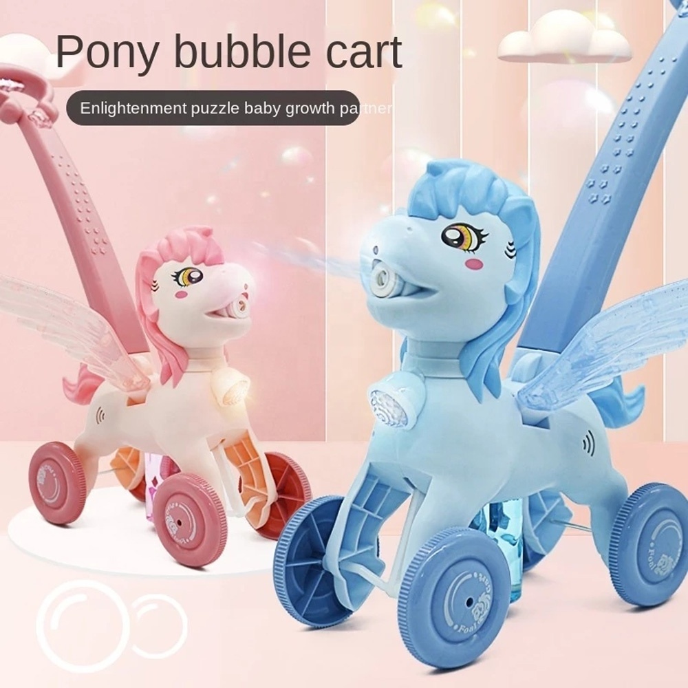 Summer toys new style handle electric bubble machine colt trolley toy outdoor kid stroller cart bubble toy with light and music