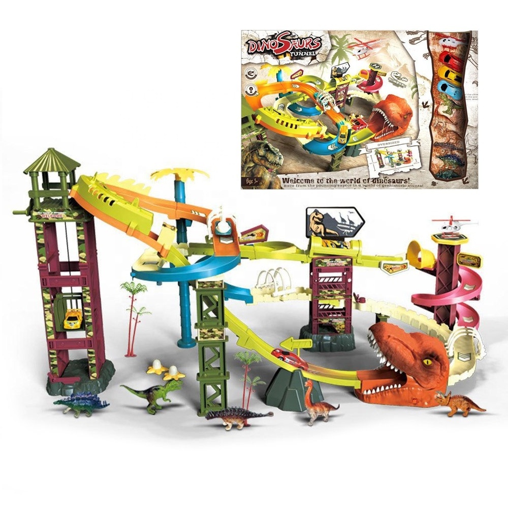 Newest dinosaur world tunnel tracking slot toy catapult car ramp up track set with 3pcs racing cars and 6pcs dinosaur figures