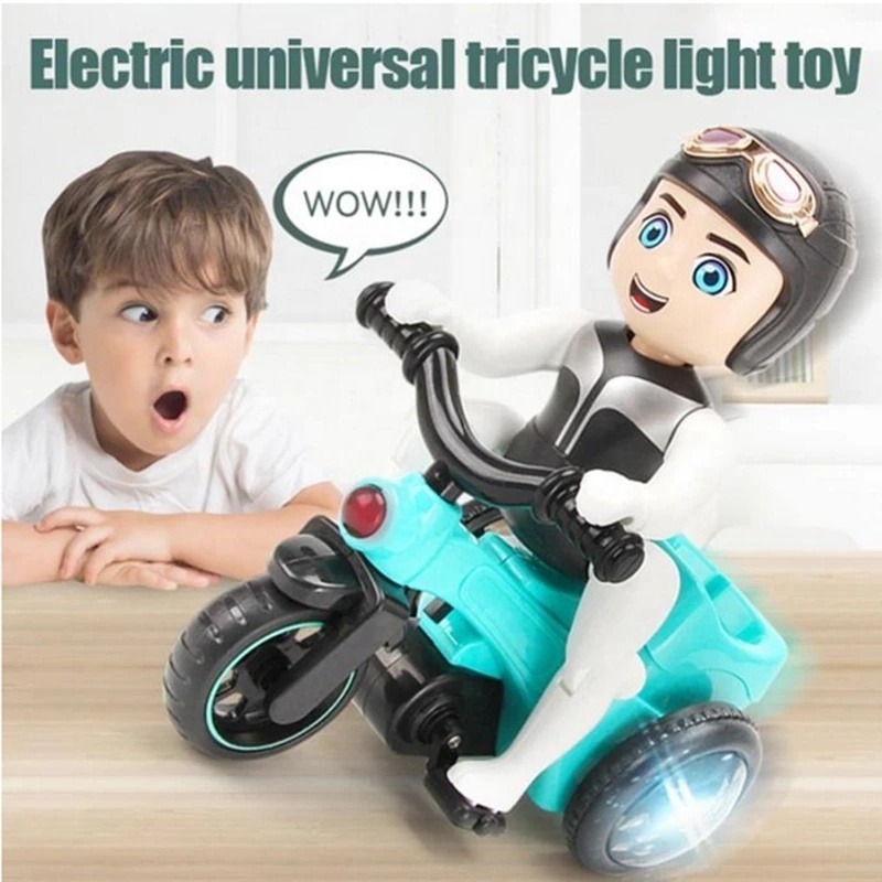 Funny 360 degrees rotating universal stunt riding bicycle electric tricycle car toy for boy kids with music and colorful lights