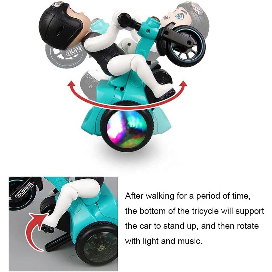 Funny 360 degrees rotating universal stunt riding bicycle electric tricycle car toy for boy kids with music and colorful lights