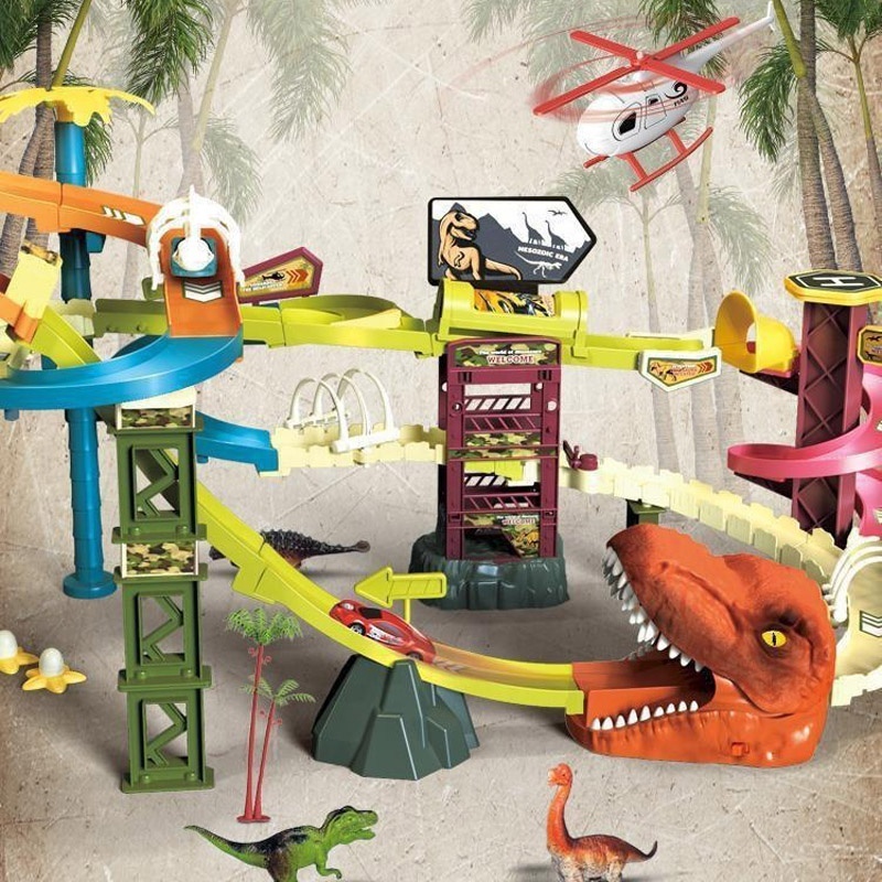 Newest dinosaur world tunnel tracking slot toy catapult car ramp up track set with 3pcs racing cars and 6pcs dinosaur figures