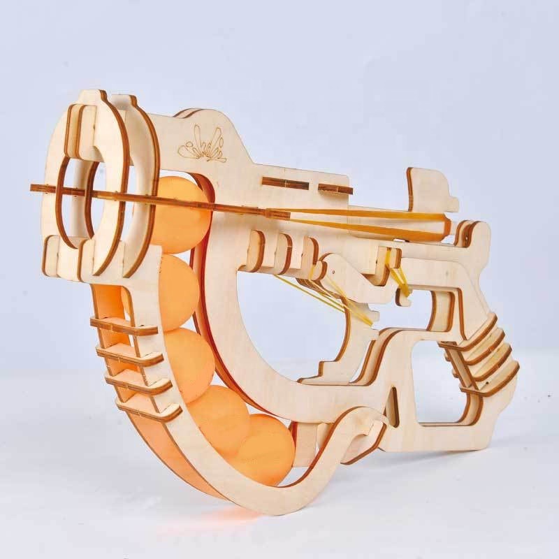 Newest hot selling shooting game DIY wooden 3D puzzle assemble ping pong guns rubber band gun shooting toys wood guns for kids