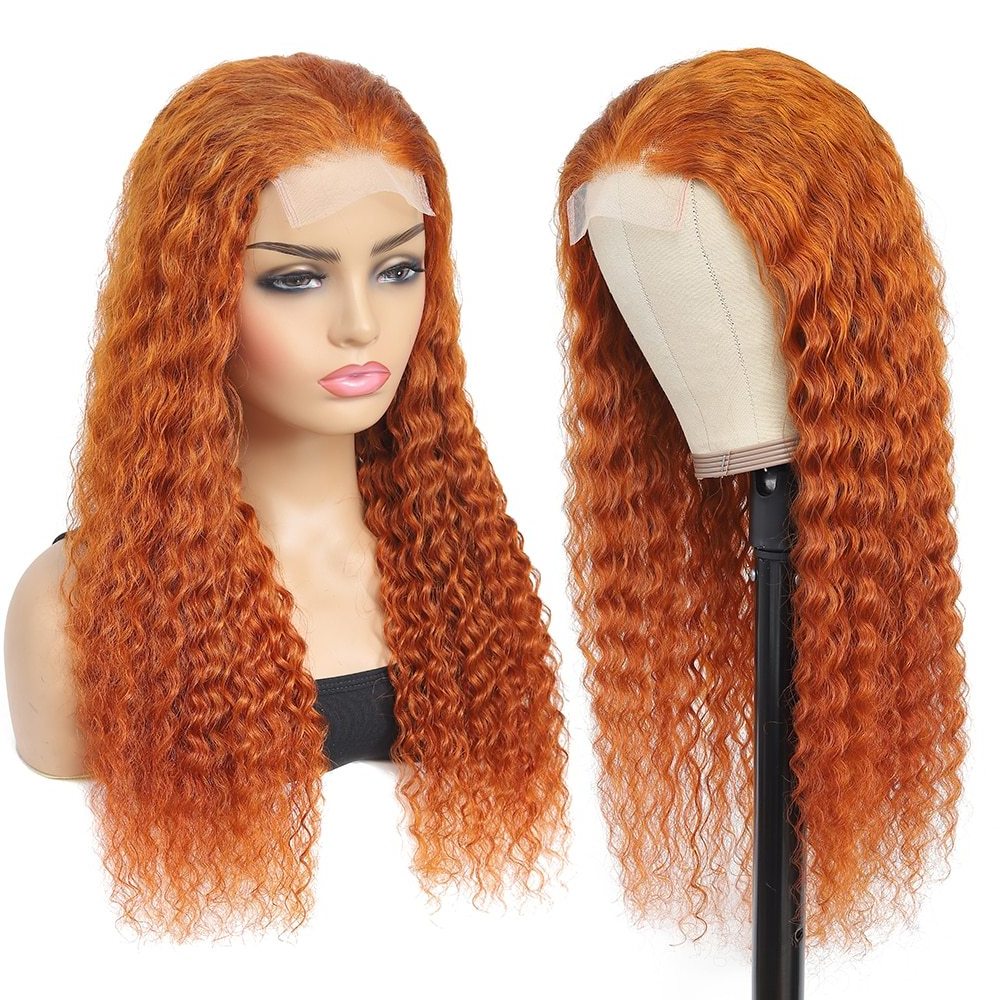 Ginger Colored Human Hair Wigs Transparent for Black Frontal Lace Beauty Women Water Wave 350 Orange Brazilian Hair Long 180%