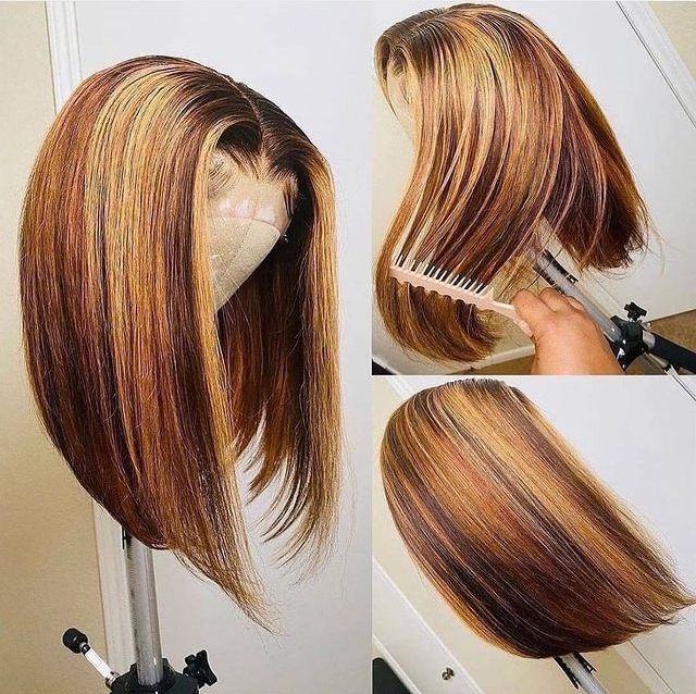 Mix Color Highlight Honey Blonde Lace Front Bob Wig , Glue-less  Piano Color Human Hair Lace Closure Wig For Black Women