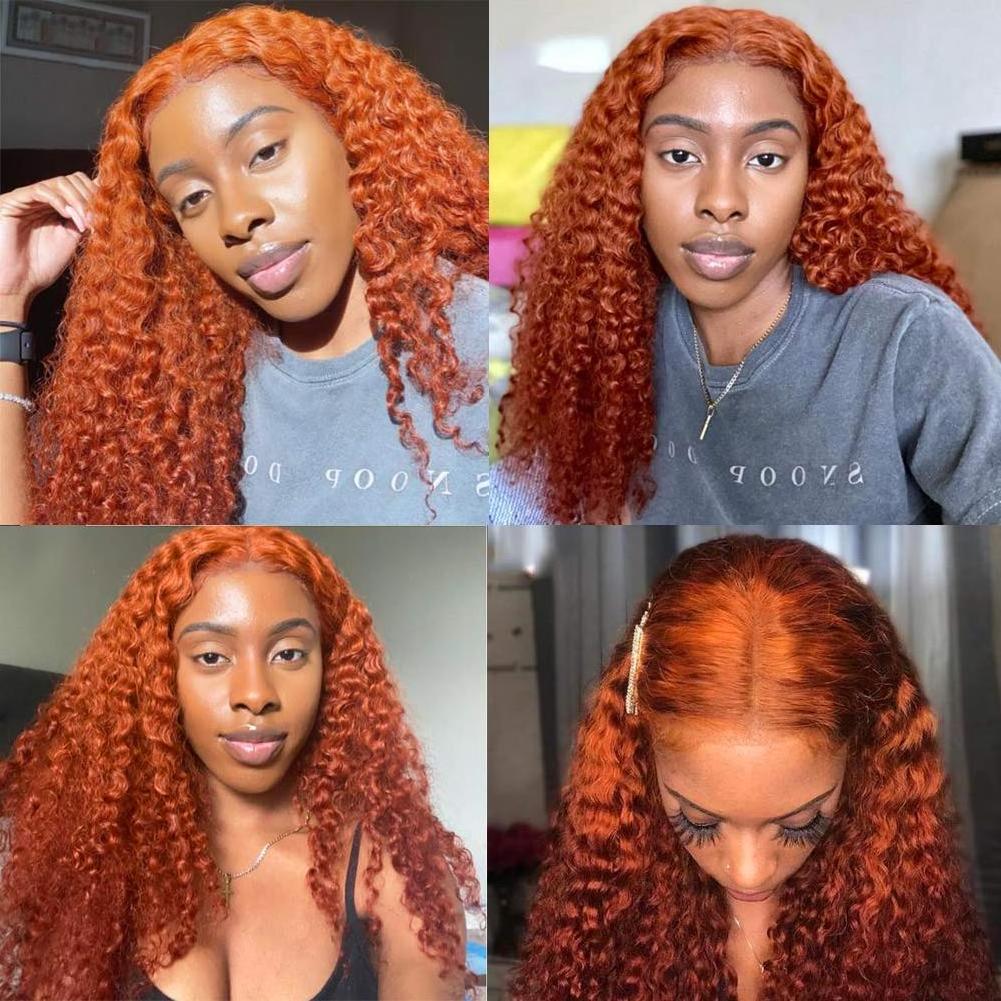 Ginger Colored Human Hair Wigs Transparent for Black Frontal Lace Beauty Women Water Wave 350 Orange Brazilian Hair Long 180%