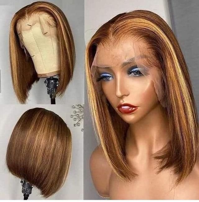 Mix Color Highlight Honey Blonde Lace Front Bob Wig , Glue-less  Piano Color Human Hair Lace Closure Wig For Black Women