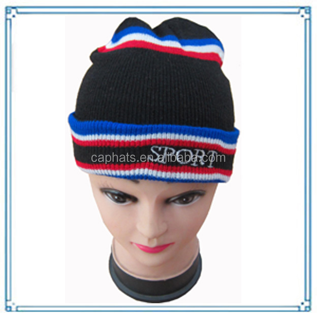 Allch Custom Wholesale Logo Recycled Yarn Acrylic Warm Plain Winter Hat Unisex Sport Long Ribbed Cuff Stripe Knit Beanie