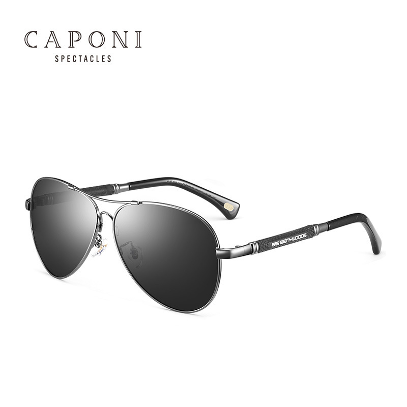 CAPONI 2021 Fashion Double Bridge Metal Frame Anti UV400 Polarized Black Vintage Glasses Lens Pilot Driving Sunglasses For Mens