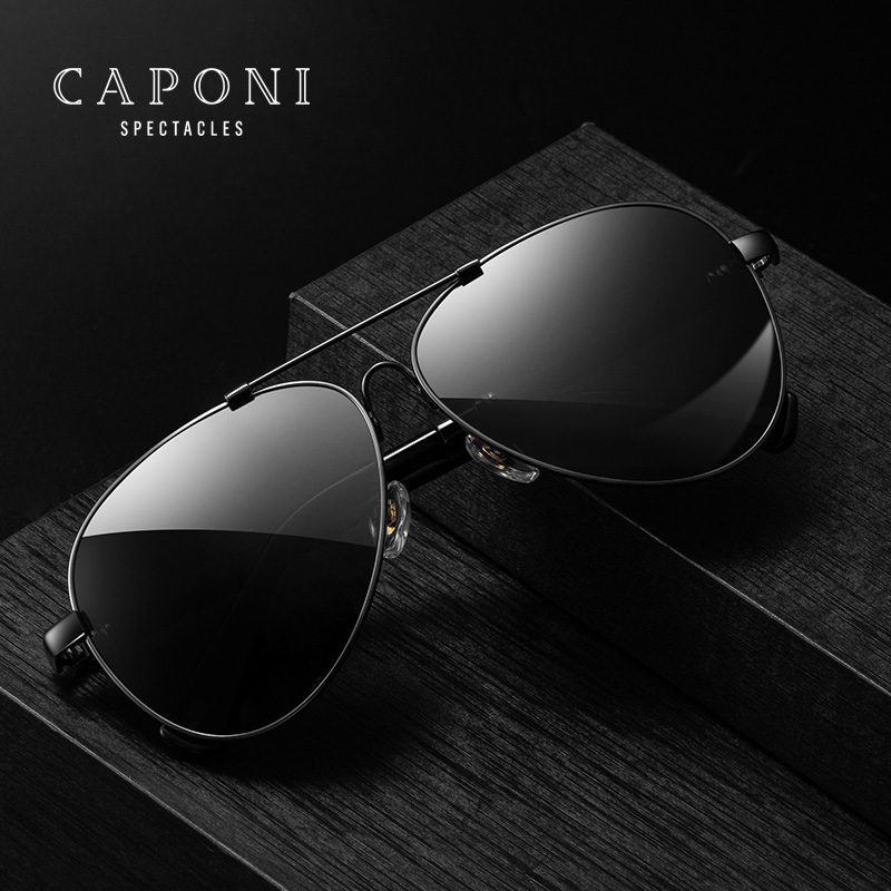 CAPONI 2021 Fashion Double Bridge Metal Frame Anti UV400 Polarized Black Vintage Glasses Lens Pilot Driving Sunglasses For Mens