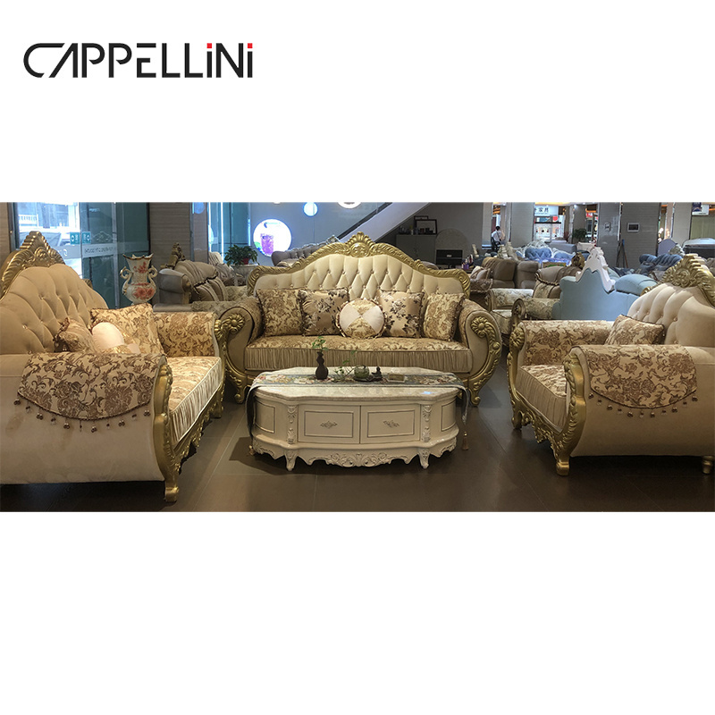 European Style Royal Classic Solid Wood Fabric Sofa Set Villa Furniture Antique Luxury Living Room Wooden Sectional Sofa