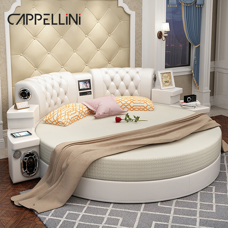 Cheap Modern Smart Double Leather Luxury Bed King Size Massage  Bedroom Furniture Multifunctional Round Bed With TV