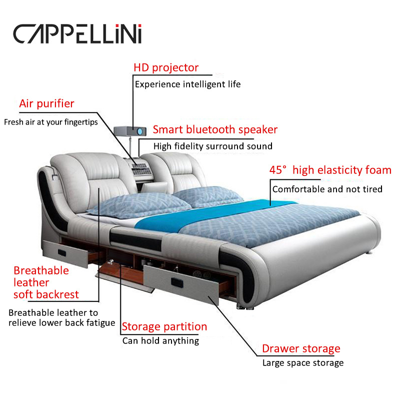 Modern Design Smart Leather Bed King Size Double Bedroom Furniture Set Queen Size Multifunctional Smart Luxury Bed With TV