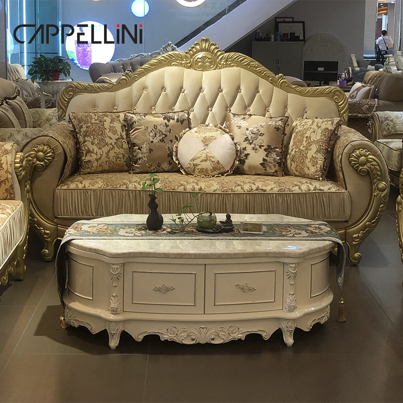 European Style Royal Classic Solid Wood Fabric Sofa Set Villa Furniture Antique Luxury Living Room Wooden Sectional Sofa