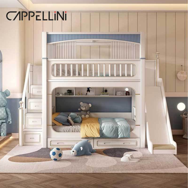 Modern House White Boys Girl Children Bedroom Furniture Sets Home Luxury Wooden Princess Twin Kids Bunk Bed Slide And Stairs