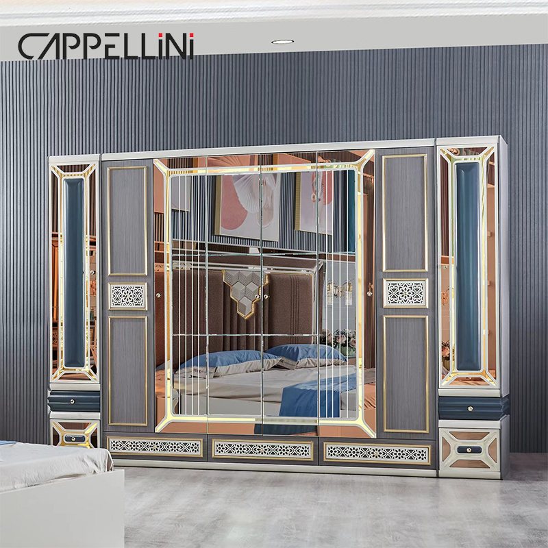 Modern Design Mirrored Headboard Queen Size Double Upholstered Bed Room Suite Luxury Wood King Bedroom Furniture Set