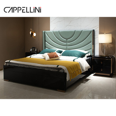 Italian Brand Queen Size Luxury Bed Set Full Bedroom Furniture King Headboard Modern Design Solid Wood Leather Double Bed