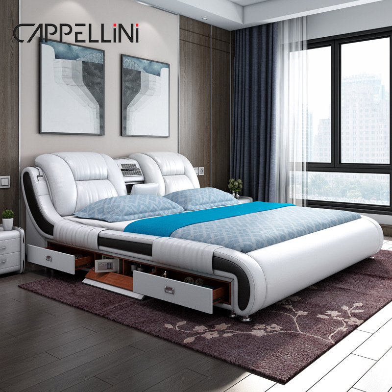 Latest Design Deluxe Queen Upholstered Double Bed Set Bedroom Furniture Modern Luxury King Size Smart Leather Bed With Tv