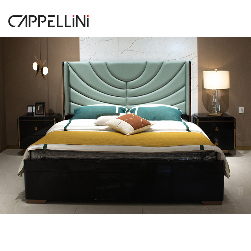 Italian Brand Queen Size Luxury Bed Set Full Bedroom Furniture King Headboard Modern Design Solid Wood Leather Double Bed